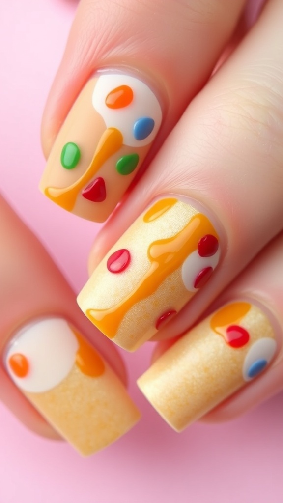 Pancake Nail Art Design Close-up of pancake nail art design with golden base and colorful toppings.